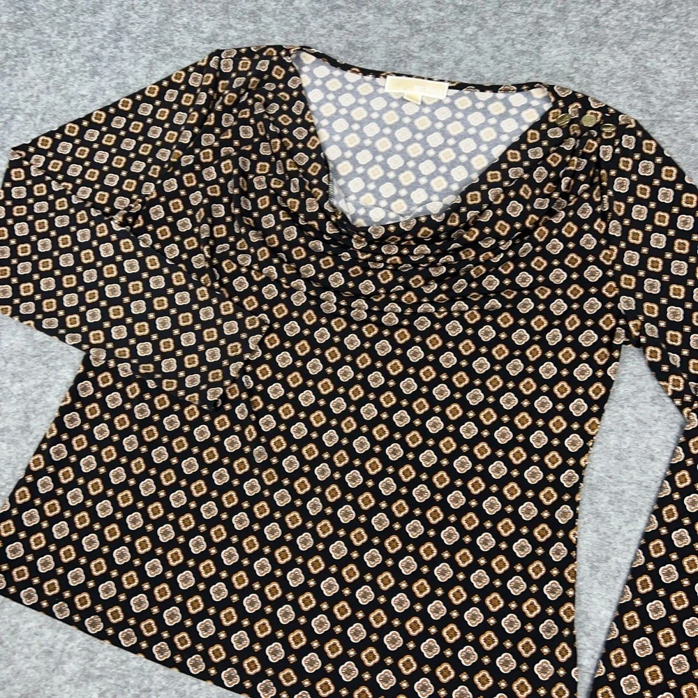 Michael Kors Top Womens Large Black Gold Medallion Draped‎ Neck Blouse Shirt